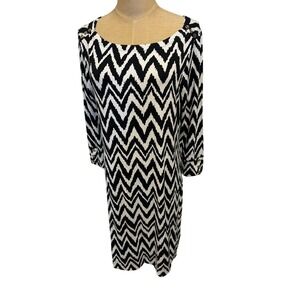 Lilly Pulitzer Black White Chevron Shift Dress Gold Button 3/4 Sleeve Womens L